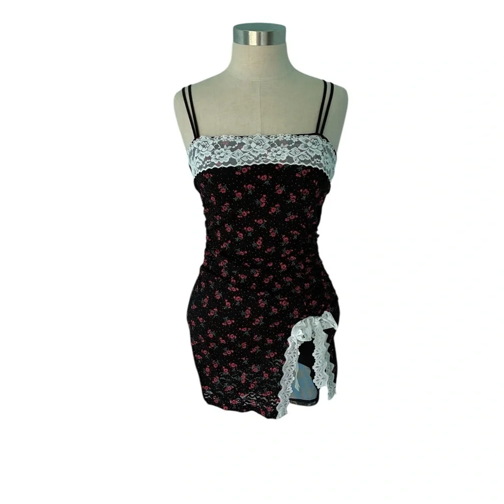 Floral Lace Trim Black Slip Dress